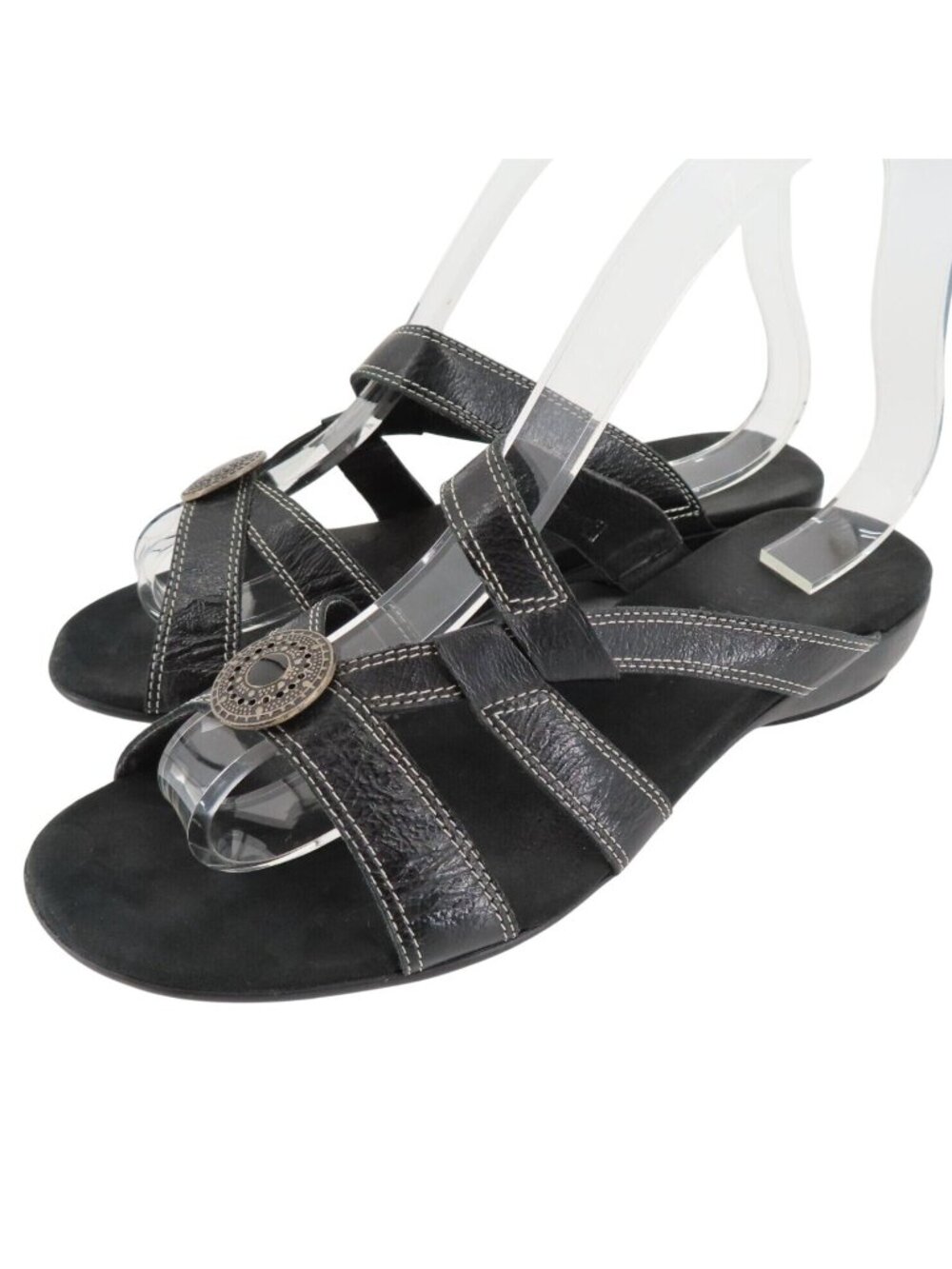 Munro American Womens 8 WW Black Leather Round Medallion Strappy Slide Sandals
